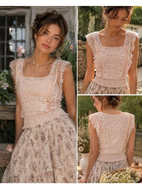 Free People Tops - Free People Blush Lace Tank Top S Sheer Romantic Boho Cottagecore Smocked Hem